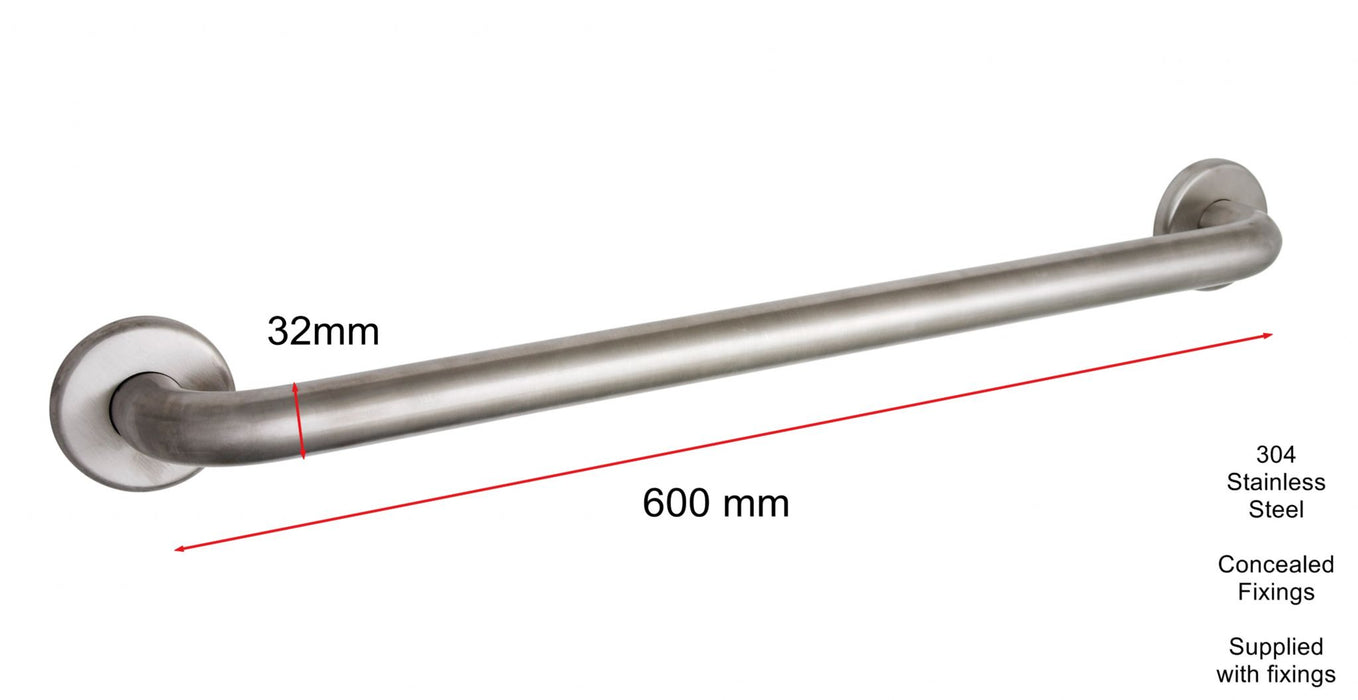 A Grade Grab Rail - 600mm length - Concealed Fixing Rose - Satin Stainless